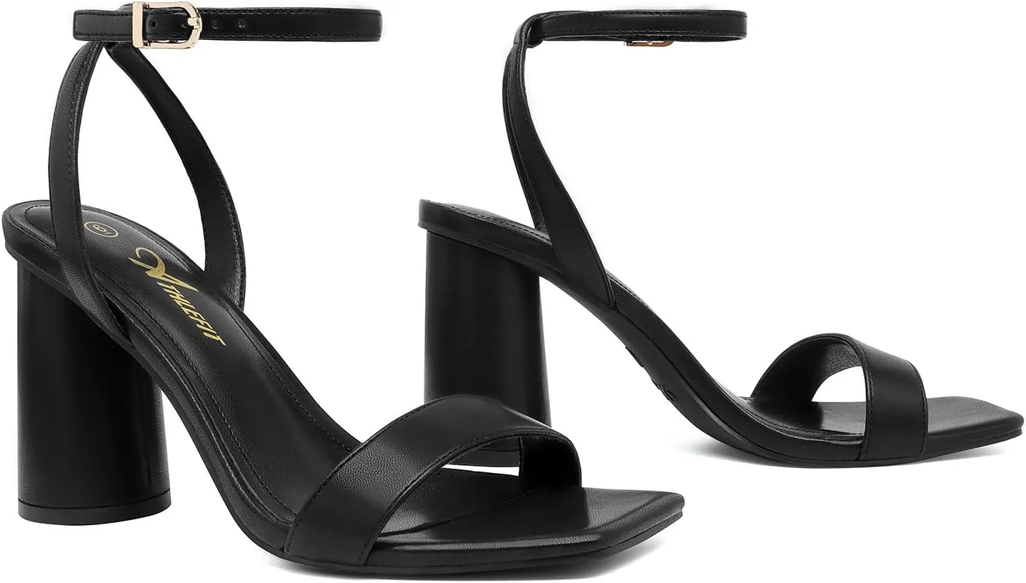 Athlefit Women's Strappy Chunky Block Heels Fashion Square Open Toe Heeled Sandals Ankle Strap Wedding Party Shoes
