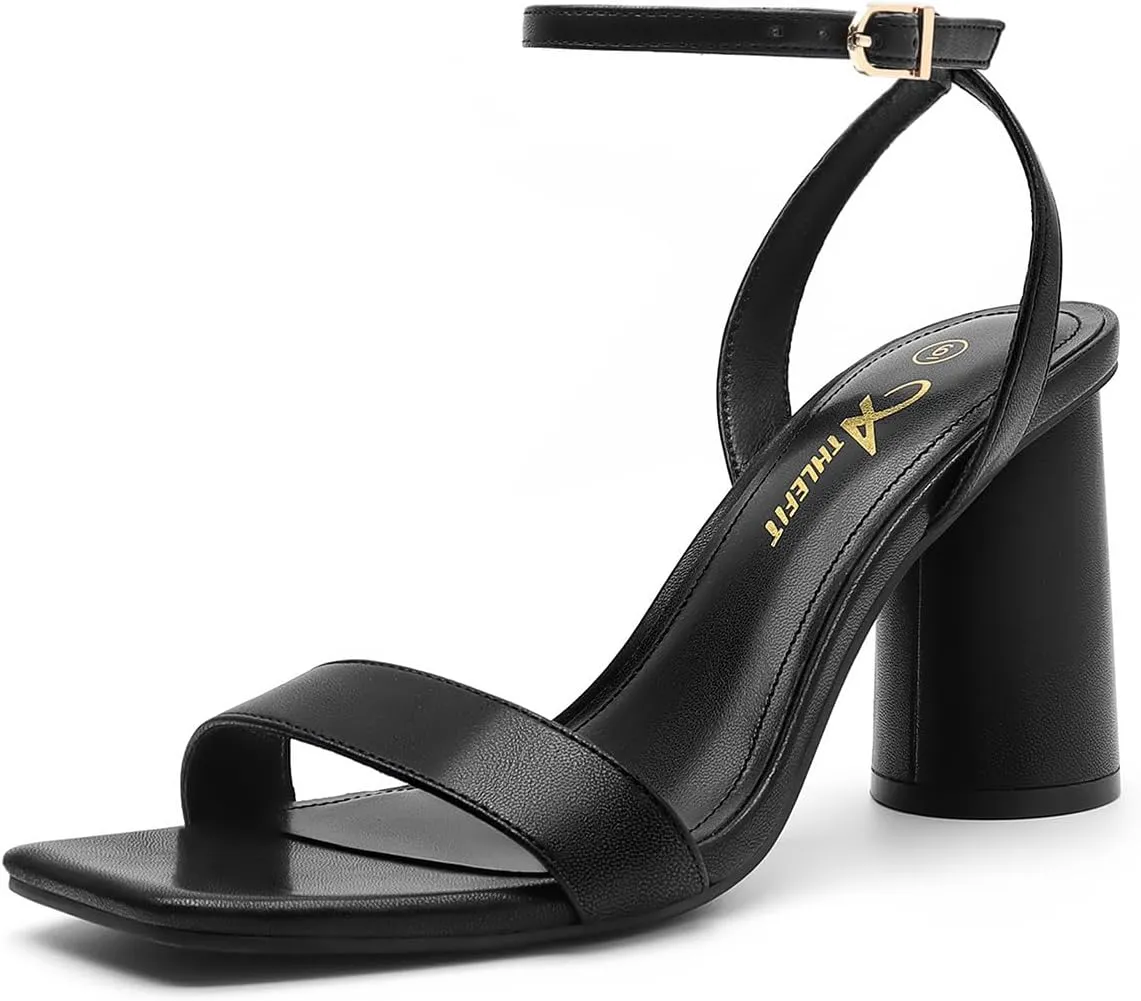 Athlefit Women's Strappy Chunky Block Heels Fashion Square Open Toe Heeled Sandals Ankle Strap Wedding Party Shoes