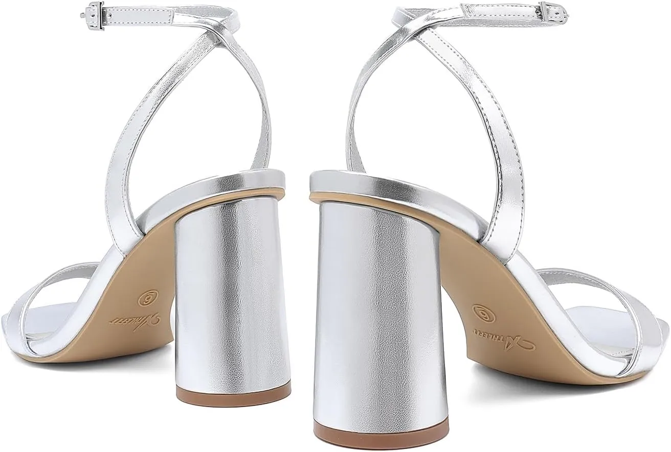 Athlefit Women's Strappy Chunky Block Heels Fashion Square Open Toe Heeled Sandals Ankle Strap Wedding Party Shoes