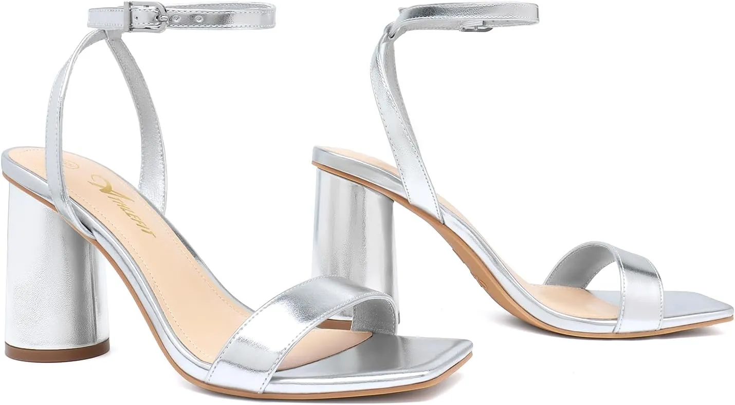 Athlefit Women's Strappy Chunky Block Heels Fashion Square Open Toe Heeled Sandals Ankle Strap Wedding Party Shoes