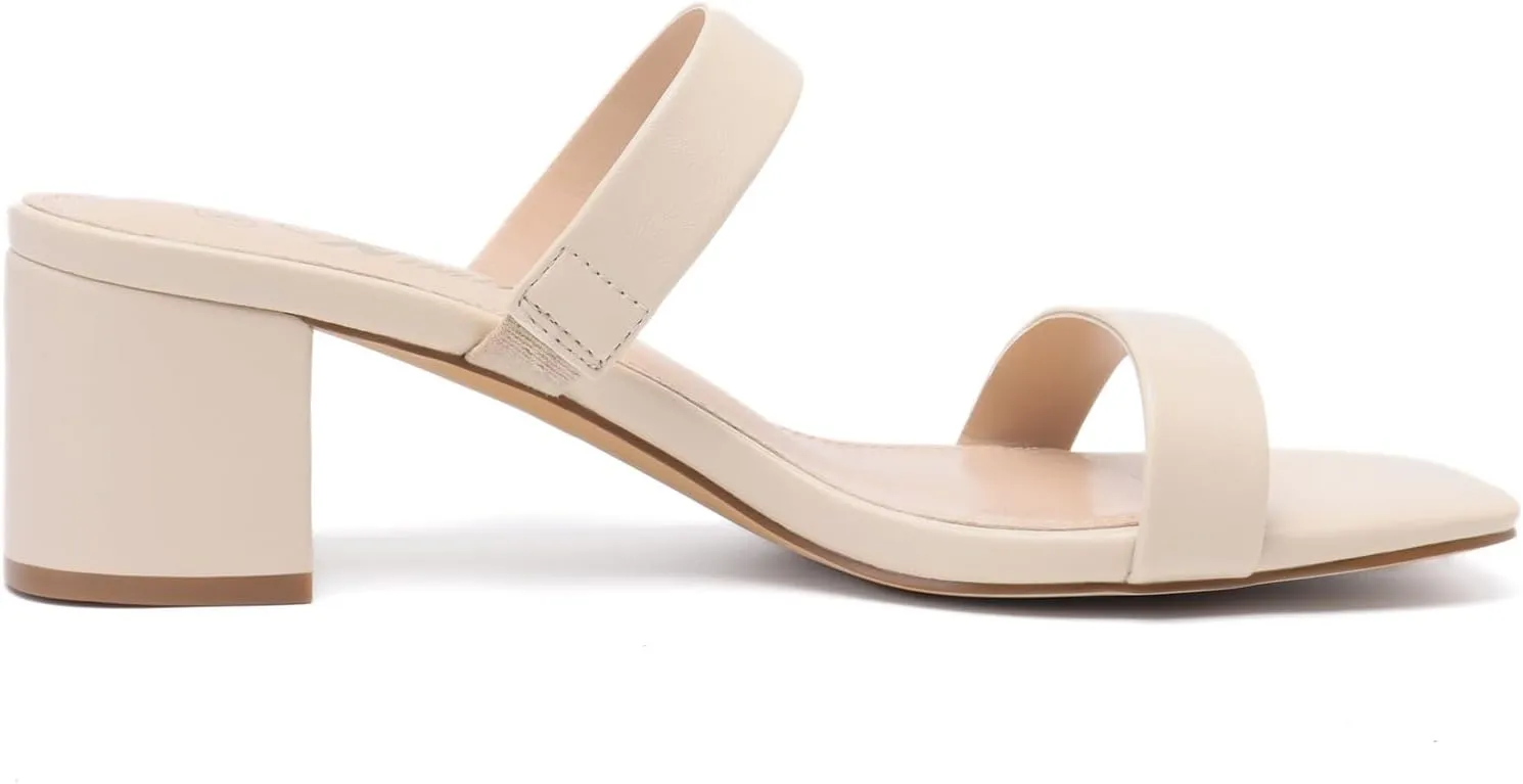 Athlefit Women's Two Strap Open Toe Heels Sandals Chunky Block Comfortable Slip On Low Heel Dress Shoes
