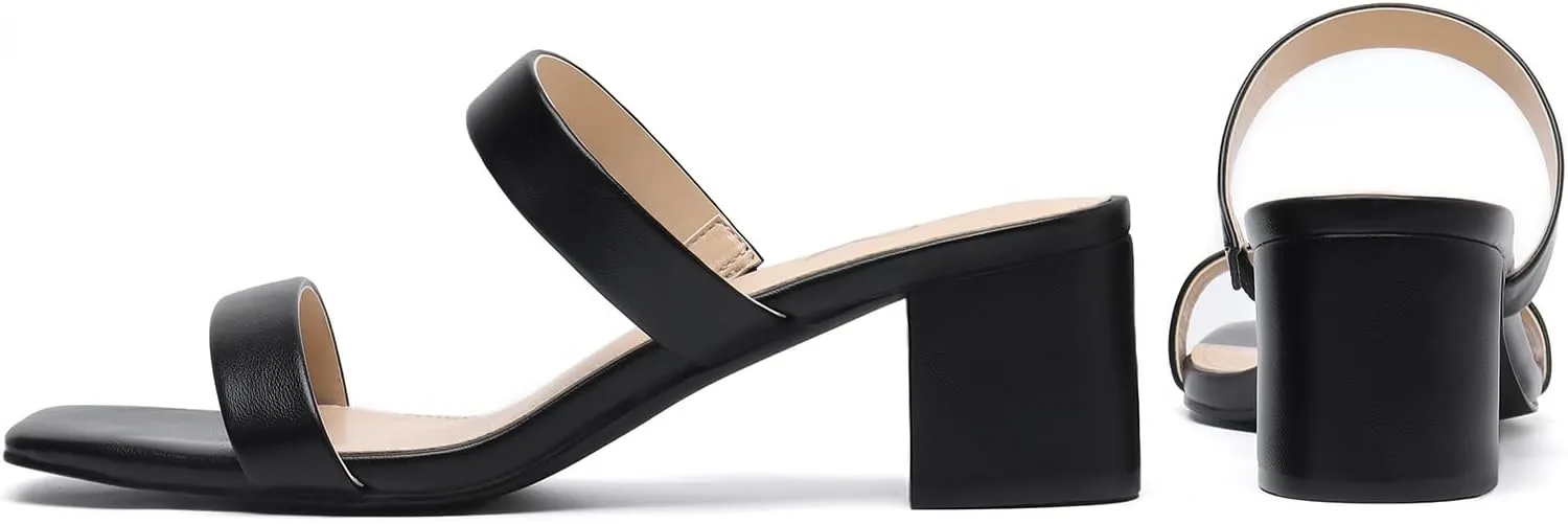 Athlefit Women's Two Strap Open Toe Heels Sandals Chunky Block Comfortable Slip On Low Heel Dress Shoes