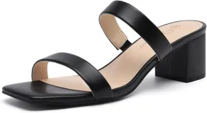 Athlefit Women's Two Strap Open Toe Heels Sandals Chunky Block Comfortable Slip On Low Heel Dress Shoes