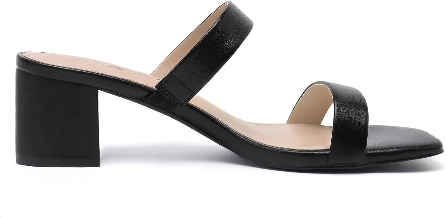Athlefit Women's Two Strap Open Toe Heels Sandals Chunky Block Comfortable Slip On Low Heel Dress Shoes