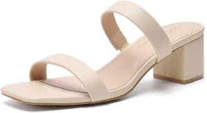 Athlefit Women's Two Strap Open Toe Heels Sandals Chunky Block Comfortable Slip On Low Heel Dress Shoes