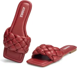 ATHMILE Braided Womens Sandals Square Open Toe Fashion Slide Sandals Women Dressy Summer Flat Beach 2025 Size 6-11