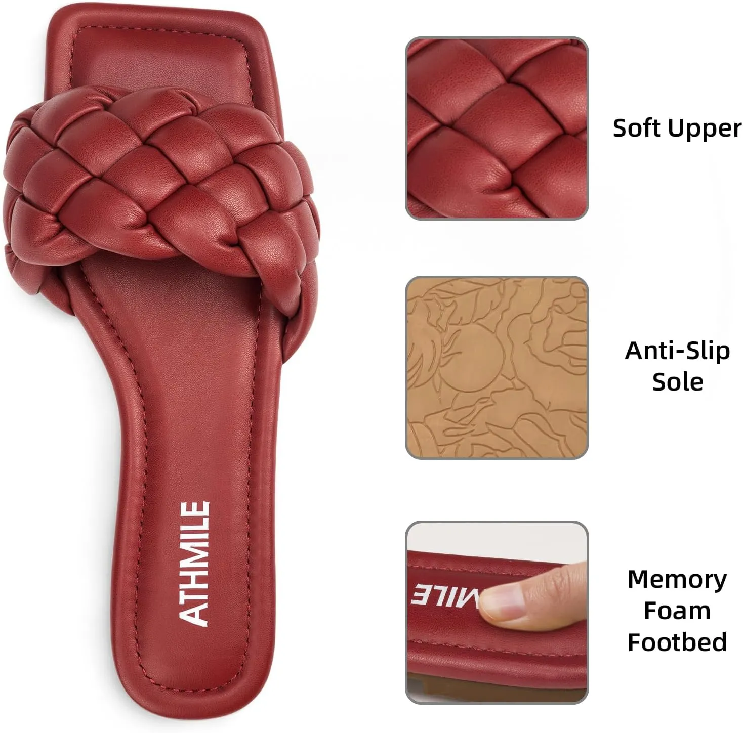 ATHMILE Braided Womens Sandals Square Open Toe Fashion Slide Sandals Women Dressy Summer Flat Beach 2025 Size 6-11