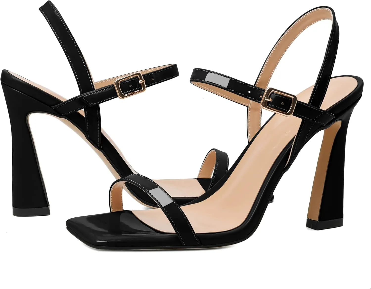 AUMOTED Womens Sandals Stiletto High Heel Open Square Toe Heeled Sandals Strappy Ankle Strap Patent Summer Wedding Party Shoes 4 Inch
