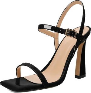 AUMOTED Womens Sandals Stiletto High Heel Open Square Toe Heeled Sandals Strappy Ankle Strap Patent Summer Wedding Party Shoes 4 Inch