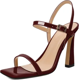 AUMOTED Womens Sandals Stiletto High Heel Open Square Toe Heeled Sandals Strappy Ankle Strap Patent Summer Wedding Party Shoes 4 Inch