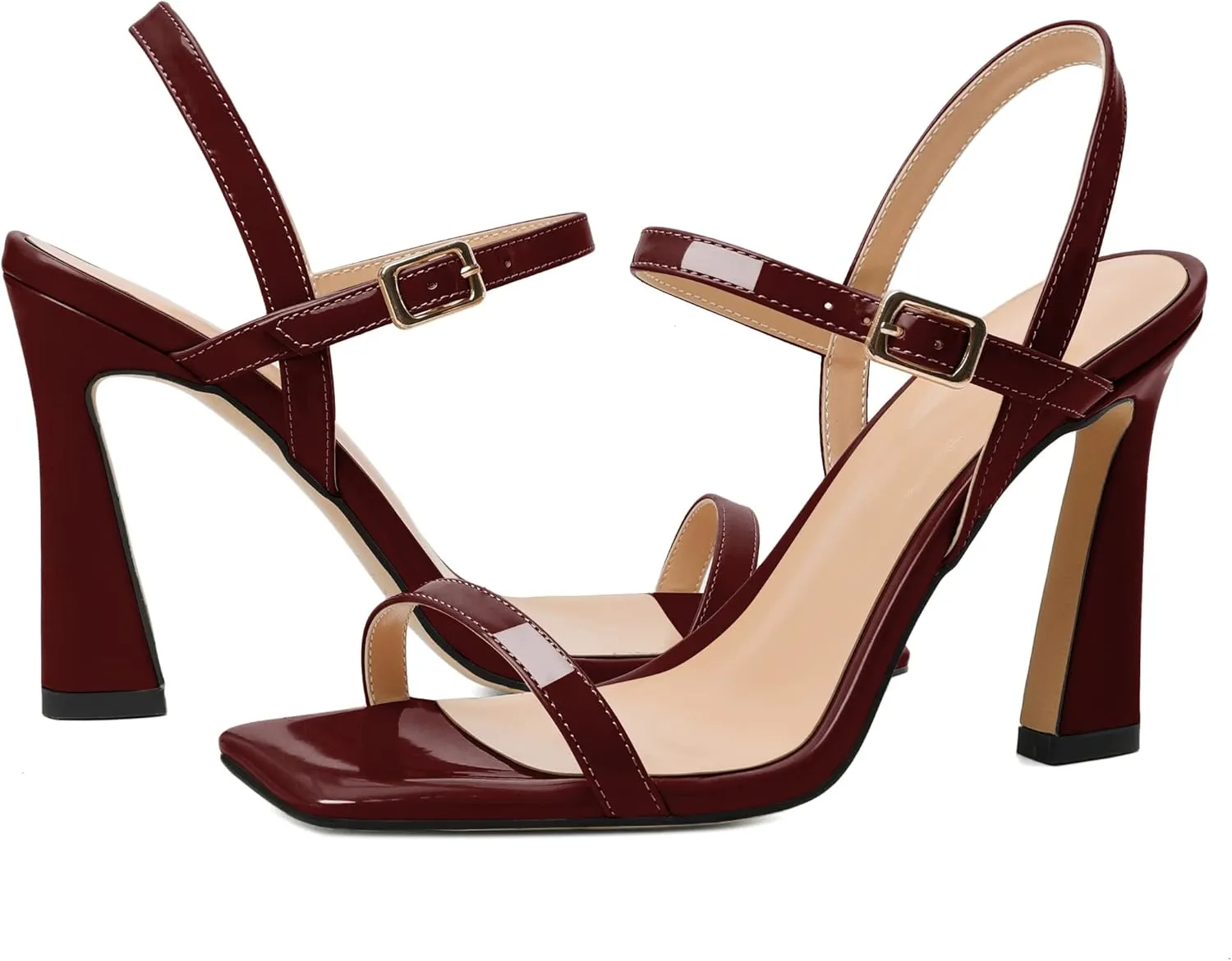 AUMOTED Womens Sandals Stiletto High Heel Open Square Toe Heeled Sandals Strappy Ankle Strap Patent Summer Wedding Party Shoes 4 Inch