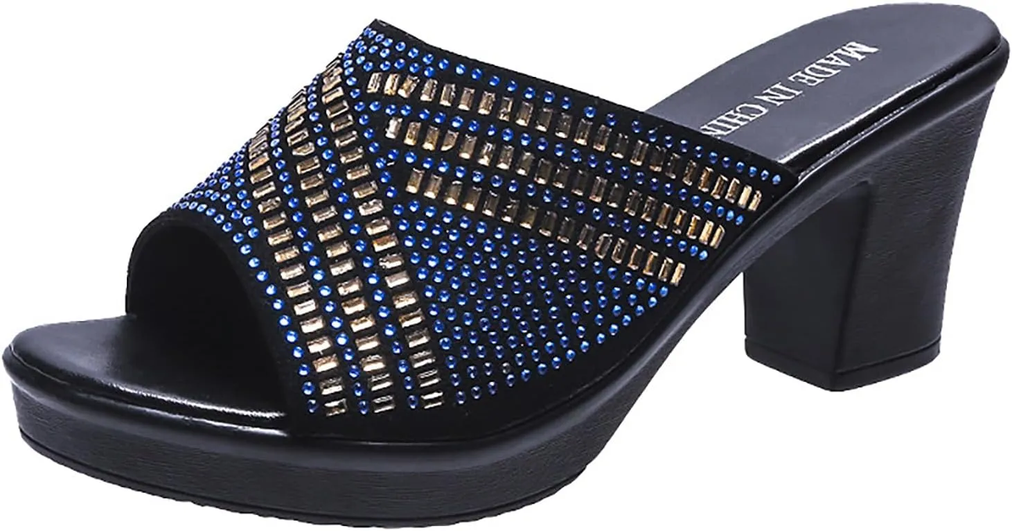 AUNTHUI Women's Rhinestones Platform Block Heel Sandals,Slip On Sparkling Crystal Wedge Sandals,Summer Fashion Party Dress Sandals,Open Toe Fish Toe High Heels