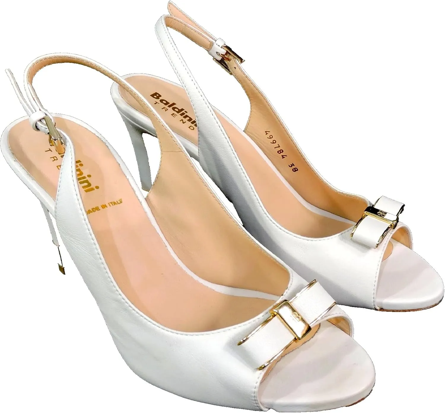 Baldinini Women's White Leather Slingback Sandals, Peep Toe Heels with Gold Bow Detail