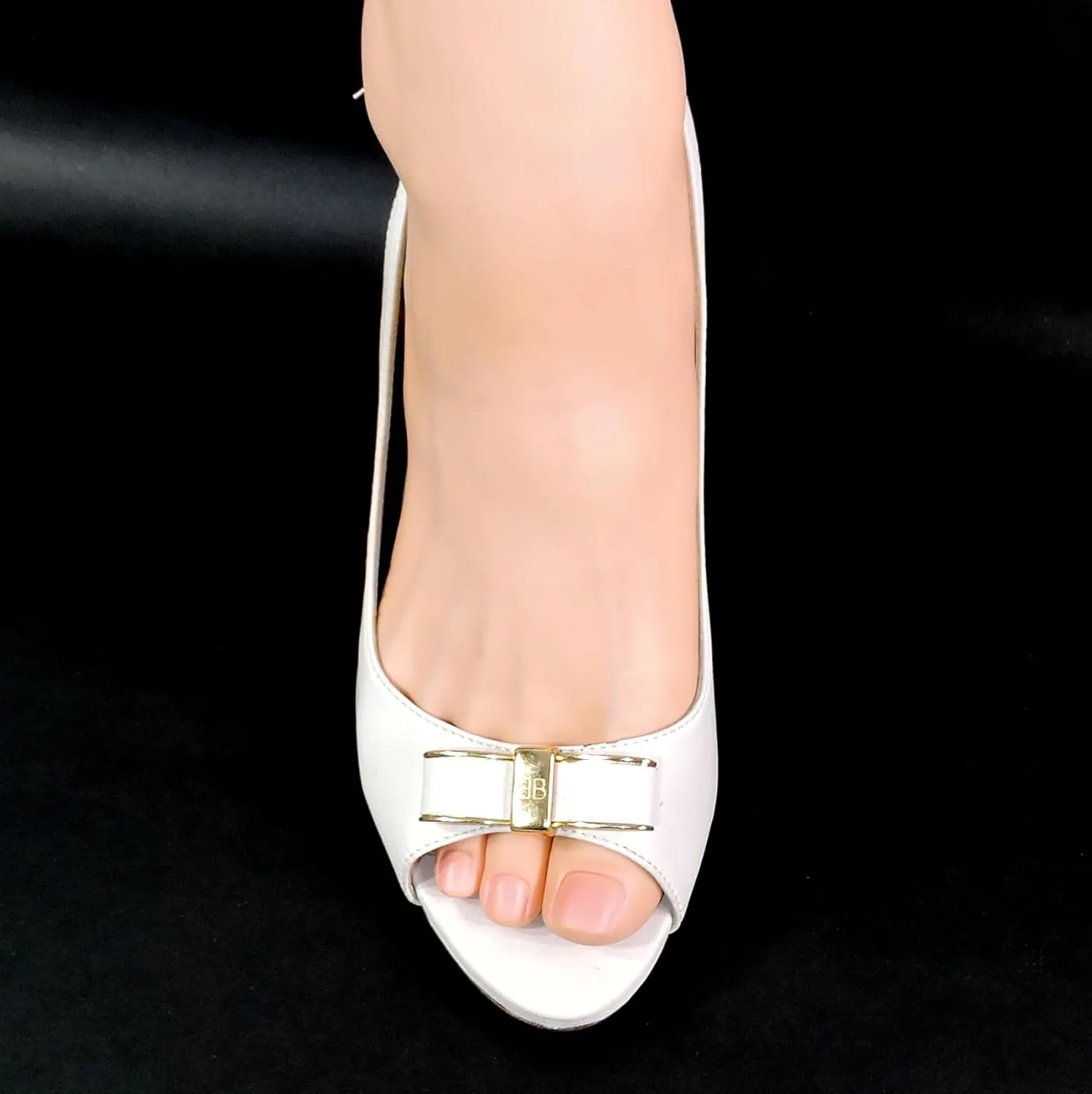 Baldinini Women's White Leather Slingback Sandals, Peep Toe Heels with Gold Bow Detail