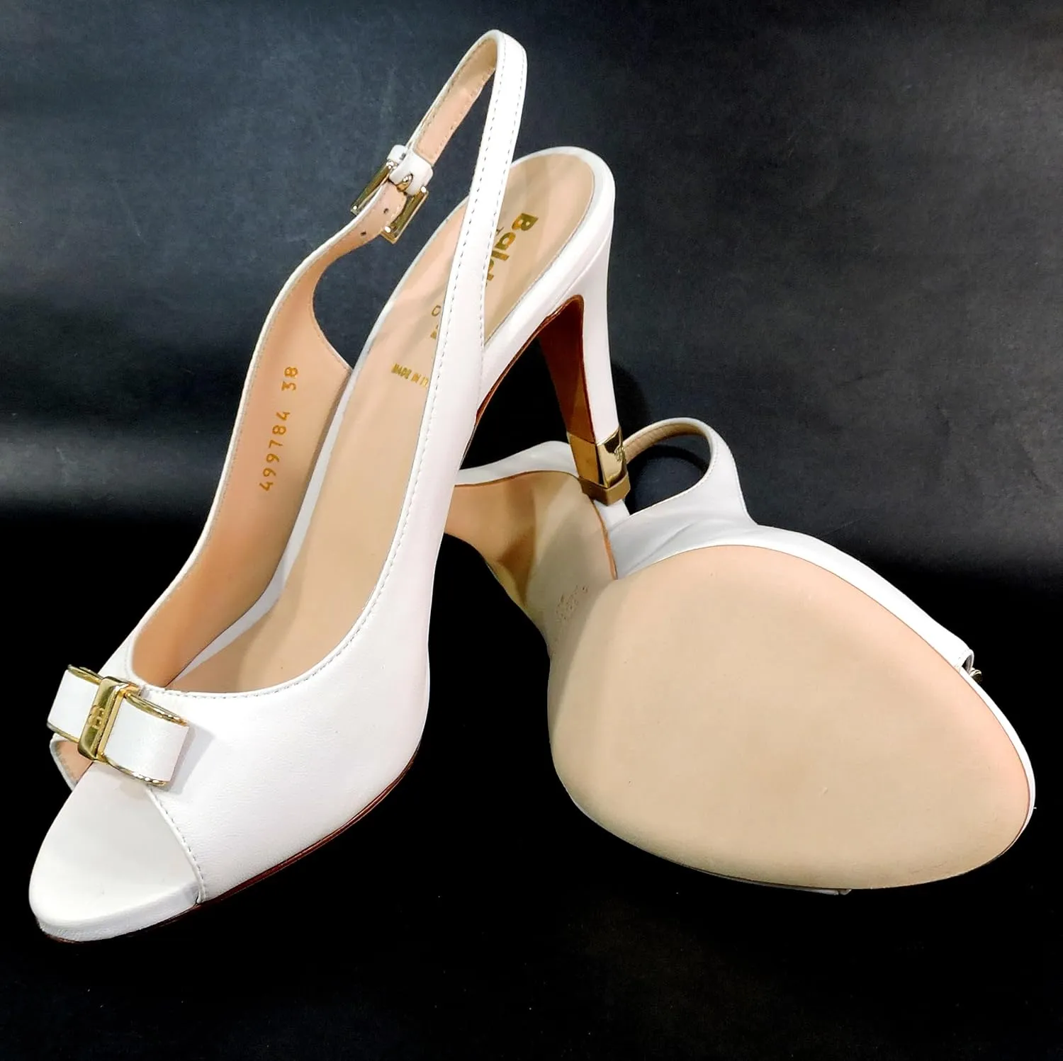 Baldinini Women's White Leather Slingback Sandals, Peep Toe Heels with Gold Bow Detail