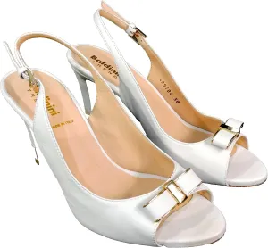 Baldinini Women's White Leather Slingback Sandals, Peep Toe Heels with Gold Bow Detail