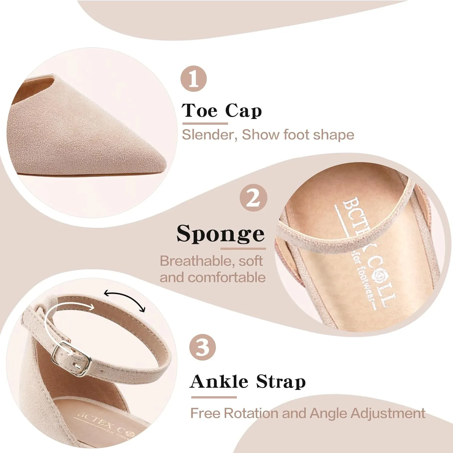 BCTEX COLL Womens Pointed Toe Pumps Shoes Ankle Strap Chunky Low Heels Metal Lined Sandals Designed for Women