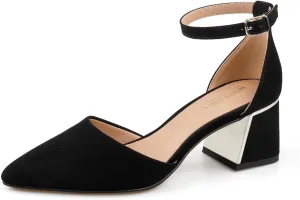 BCTEX COLL Womens Pointed Toe Pumps Shoes Ankle Strap Chunky Low Heels Metal Lined Sandals Designed for Women