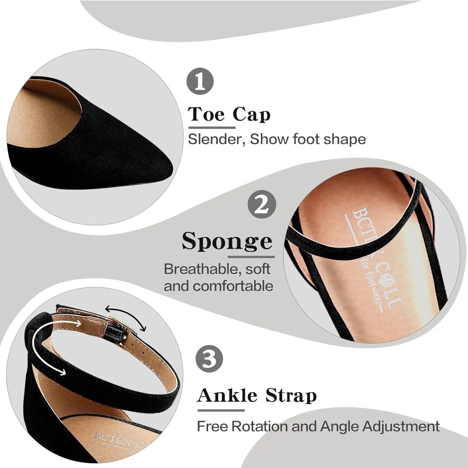 BCTEX COLL Womens Pointed Toe Pumps Shoes Ankle Strap Chunky Low Heels Metal Lined Sandals Designed for Women