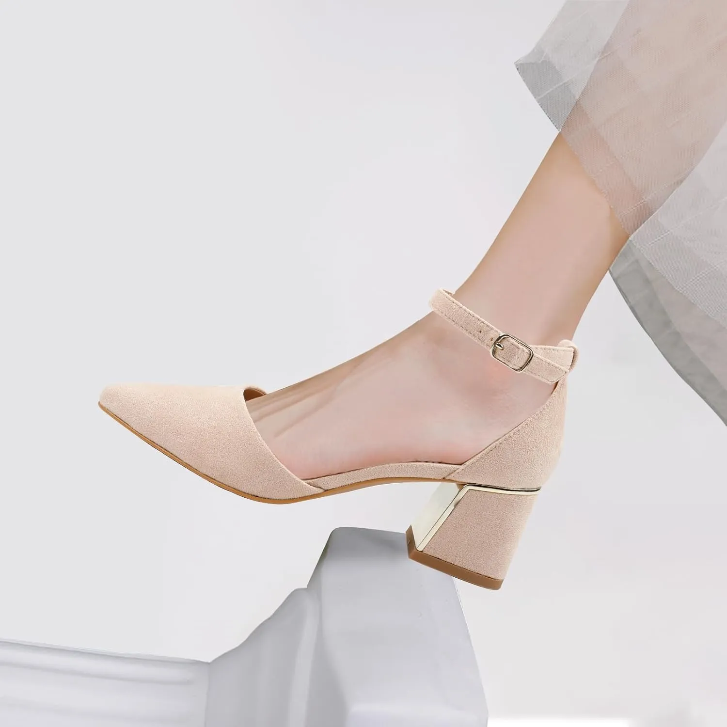 BCTEX COLL Womens Pointed Toe Pumps Shoes Ankle Strap Chunky Low Heels Metal Lined Sandals Designed for Women