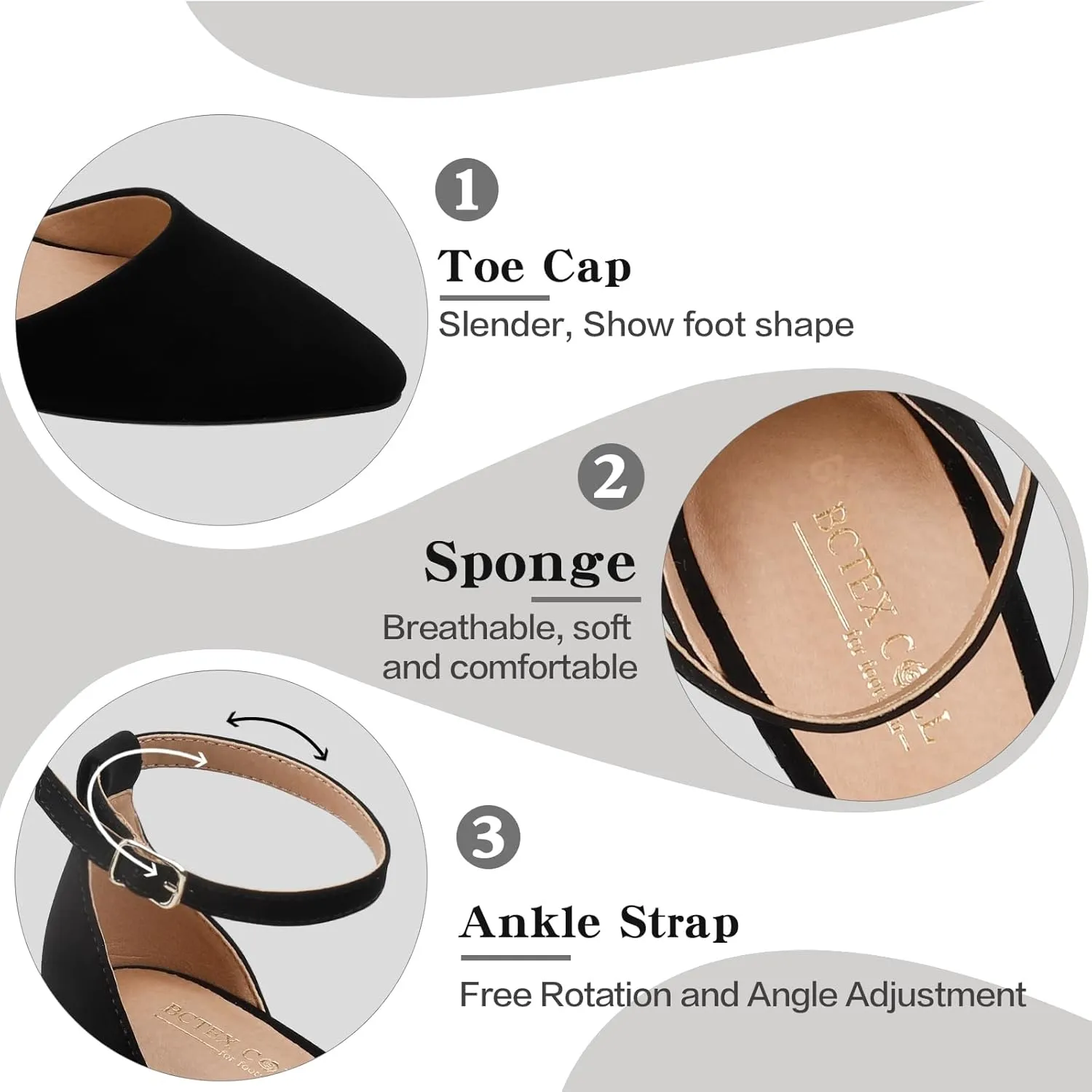BCTEX COLL Womens Pointed Toe Pumps Shoes Ankle Strap Chunky Low Heels Metal Lined Sandals Designed for Women