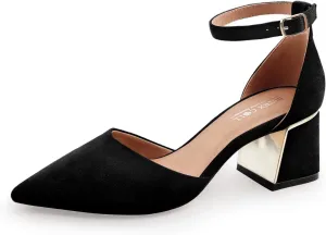 BCTEX COLL Womens Pointed Toe Pumps Shoes Ankle Strap Chunky Low Heels Metal Lined Sandals Designed for Women