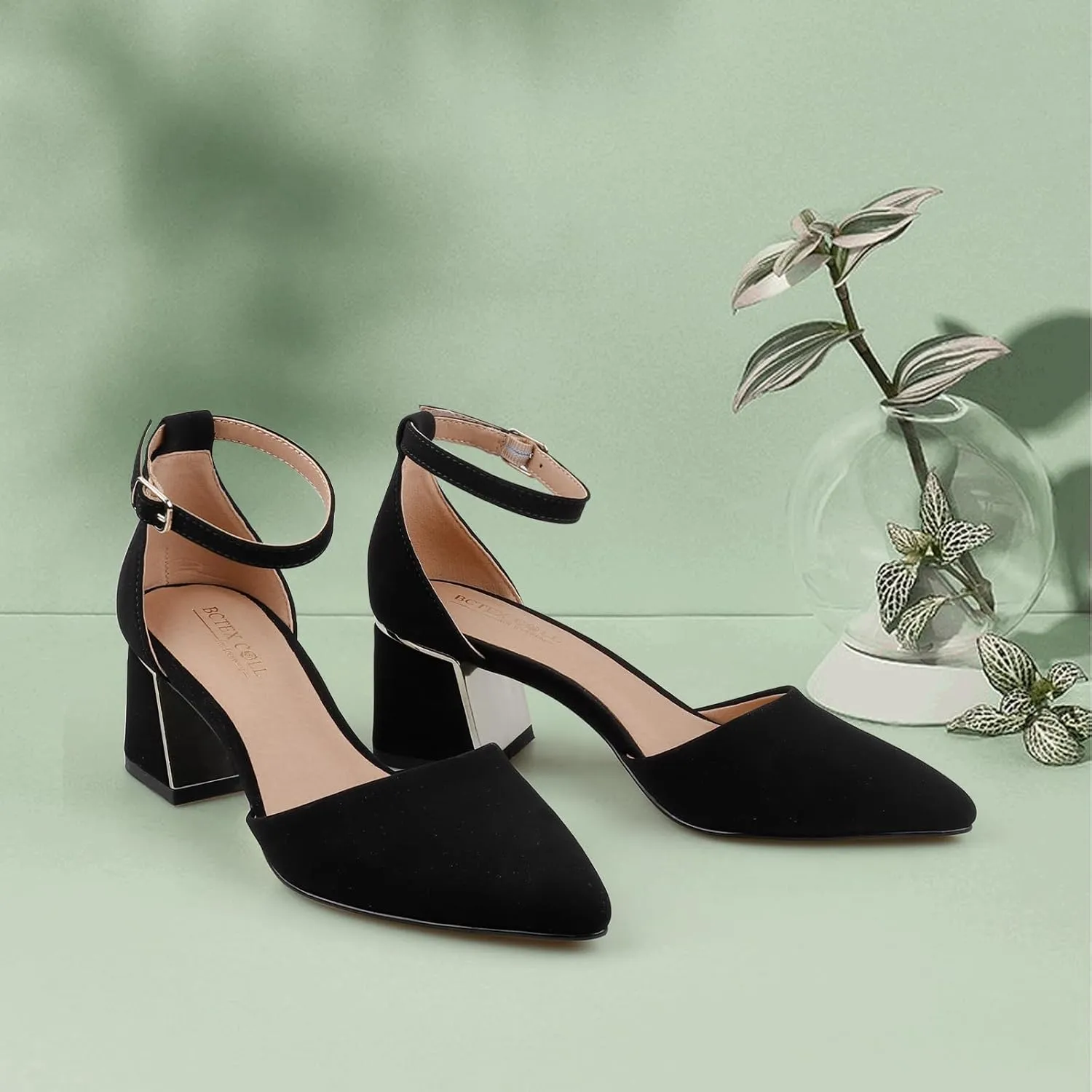 BCTEX COLL Womens Pointed Toe Pumps Shoes Ankle Strap Chunky Low Heels Metal Lined Sandals Designed for Women