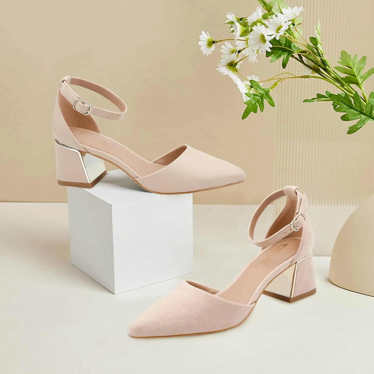 BCTEX COLL Womens Pointed Toe Pumps Shoes Ankle Strap Chunky Low Heels Metal Lined Sandals Designed for Women
