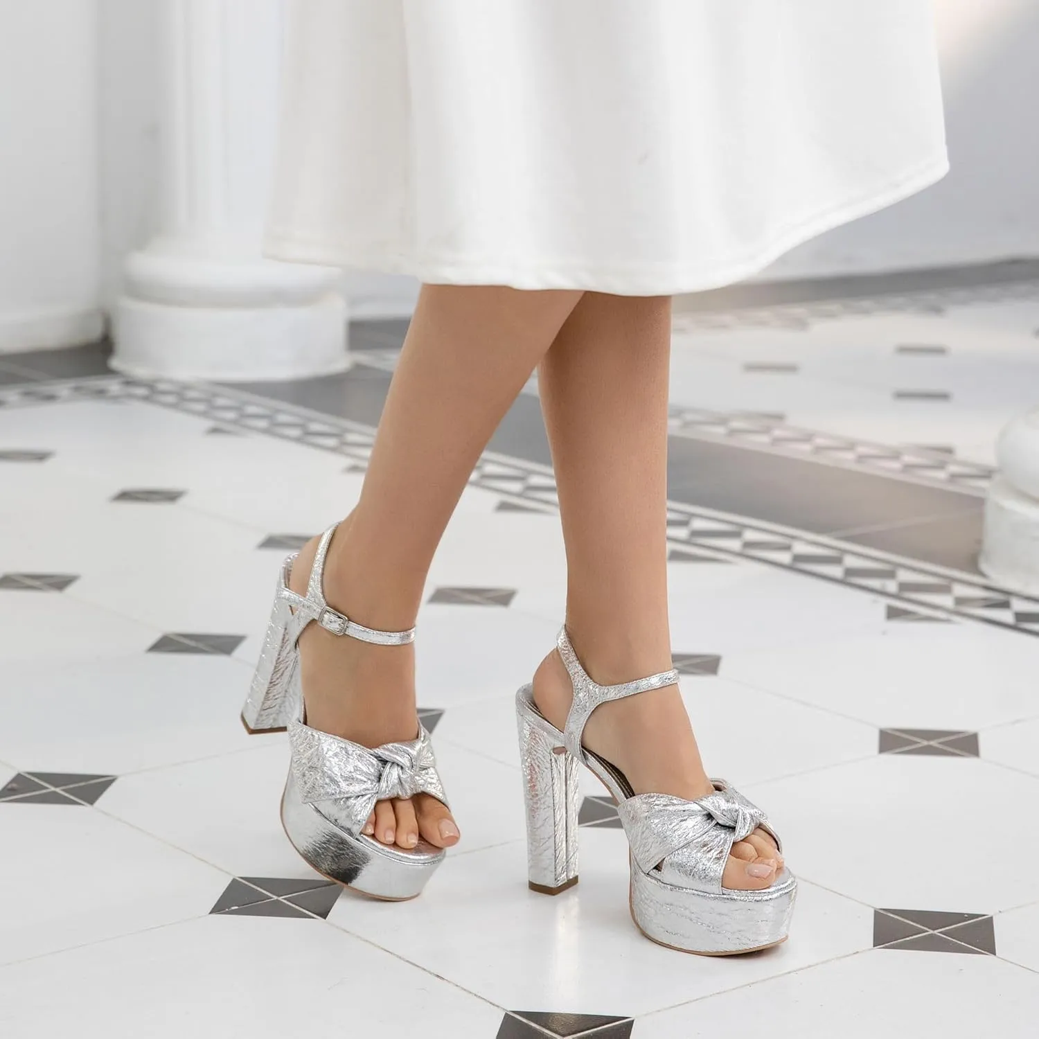 Black Platform Heeled Sandals for Women 5.1 Inch Chunky Block High Heel Womens Open Toe with Bow Ankle Strap Wedding Party Dress Sandals Shoes