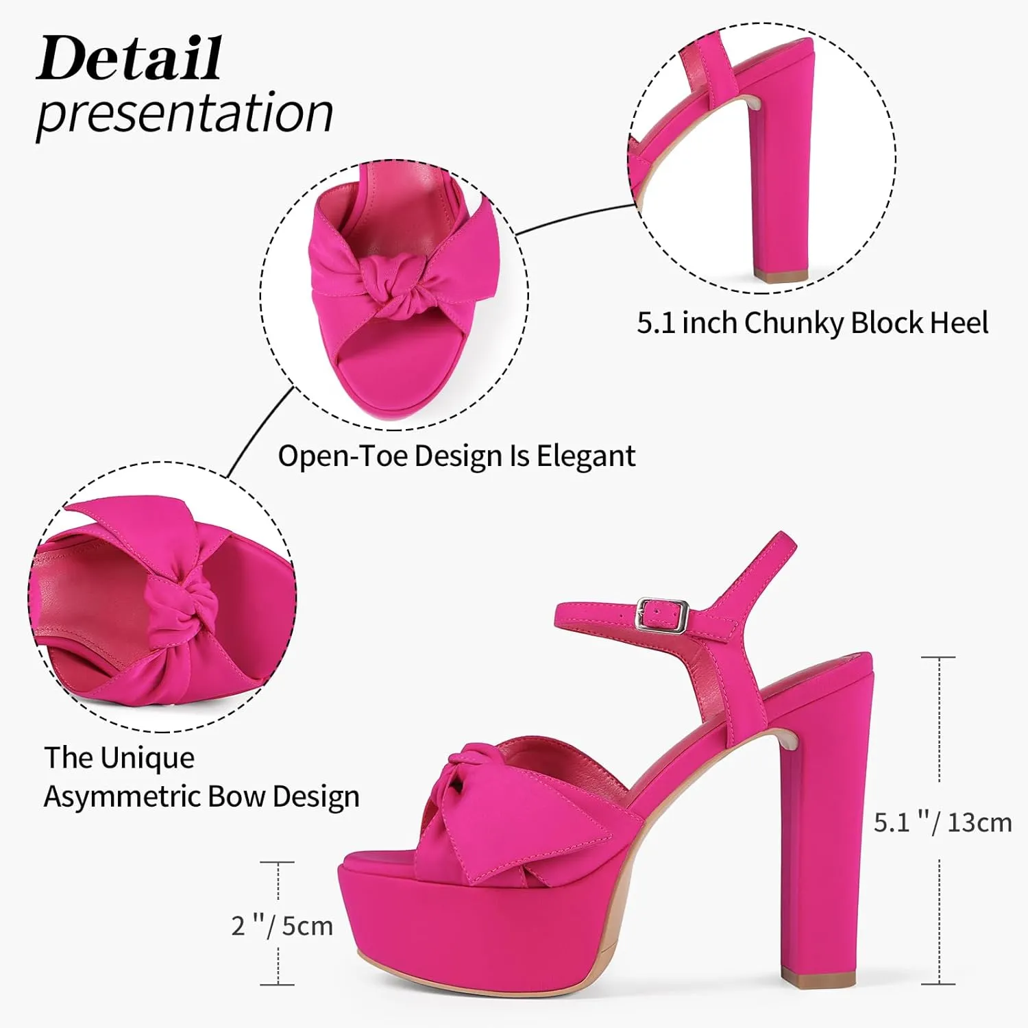 Black Platform Heeled Sandals for Women 5.1 Inch Chunky Block High Heel Womens Open Toe with Bow Ankle Strap Wedding Party Dress Sandals Shoes