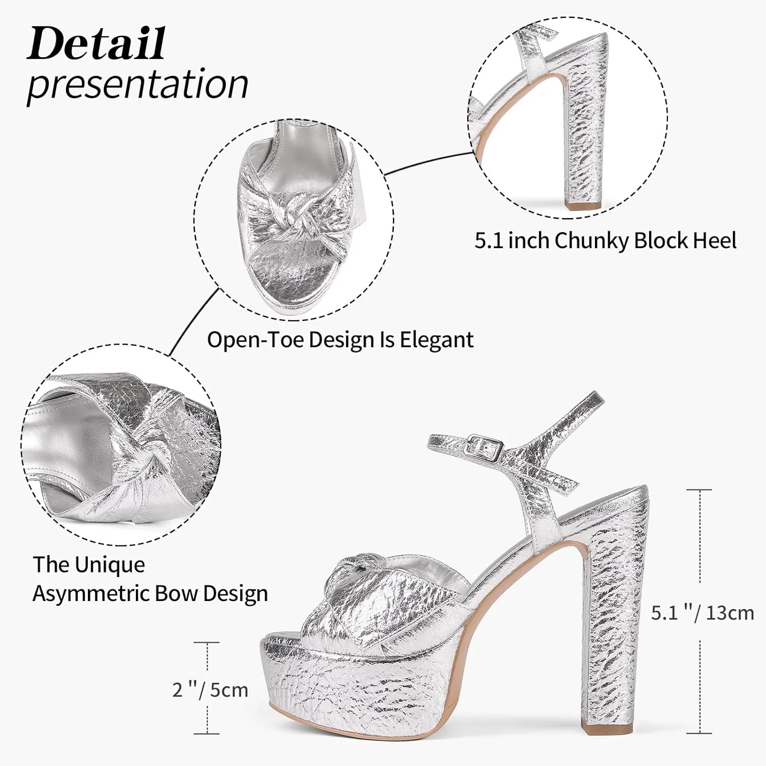Black Platform Heeled Sandals for Women 5.1 Inch Chunky Block High Heel Womens Open Toe with Bow Ankle Strap Wedding Party Dress Sandals Shoes