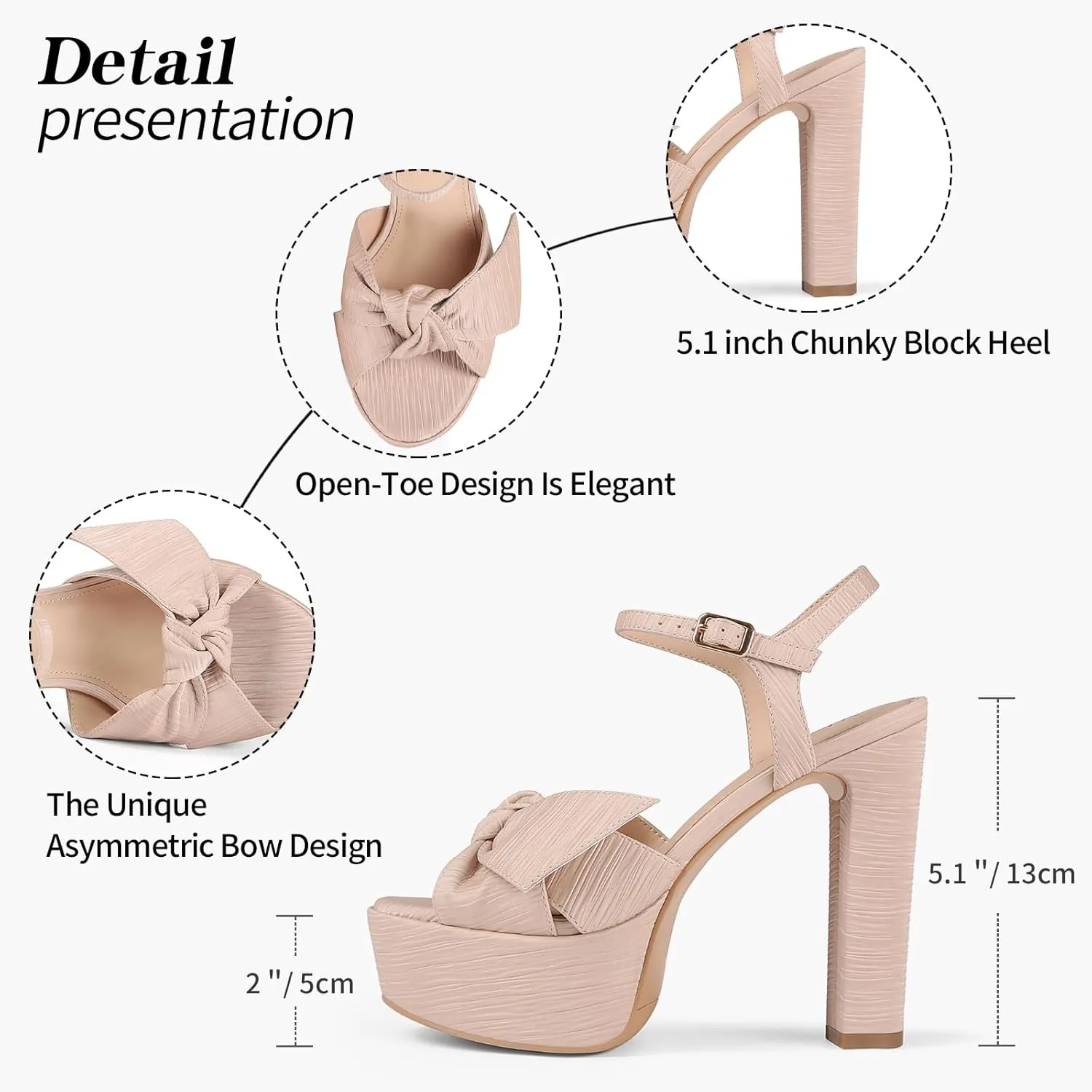 Black Platform Heeled Sandals for Women 5.1 Inch Chunky Block High Heel Womens Open Toe with Bow Ankle Strap Wedding Party Dress Sandals Shoes