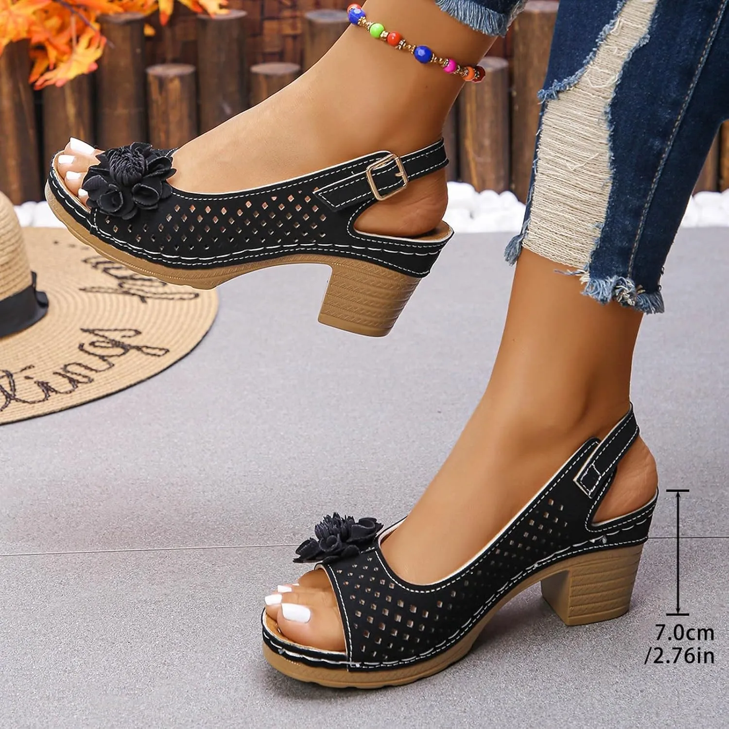 Block Heel Sandals for Women 2025,Womens Chunky High Heels Fish Mouth Flowers Summer Dressy Casual Ankle Strap Hollow Out Dress Platform Wedge Sandal Comfort Comfortable Shoes for Daily Wear