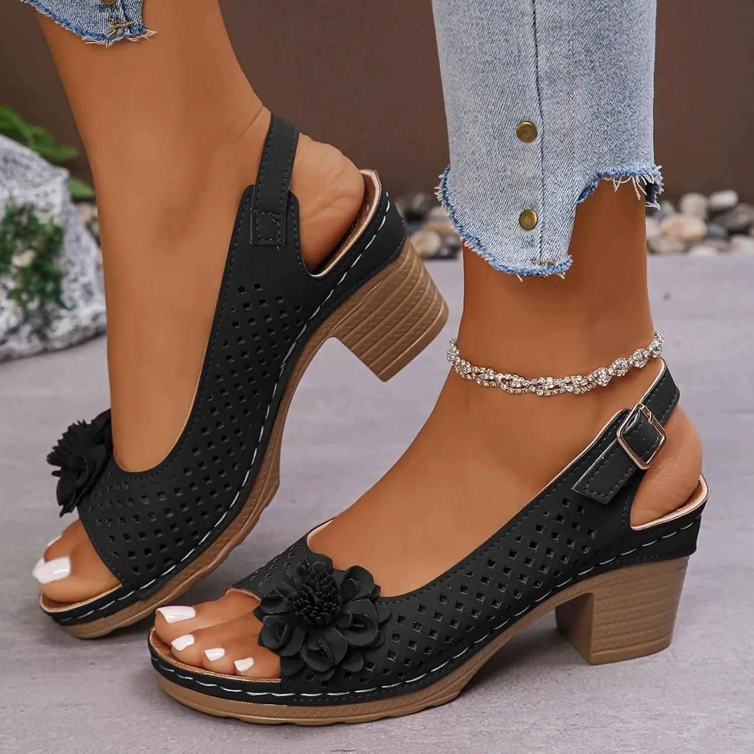 Block Heel Sandals for Women 2025,Womens Chunky High Heels Fish Mouth Flowers Summer Dressy Casual Ankle Strap Hollow Out Dress Platform Wedge Sandal Comfort Comfortable Shoes for Daily Wear
