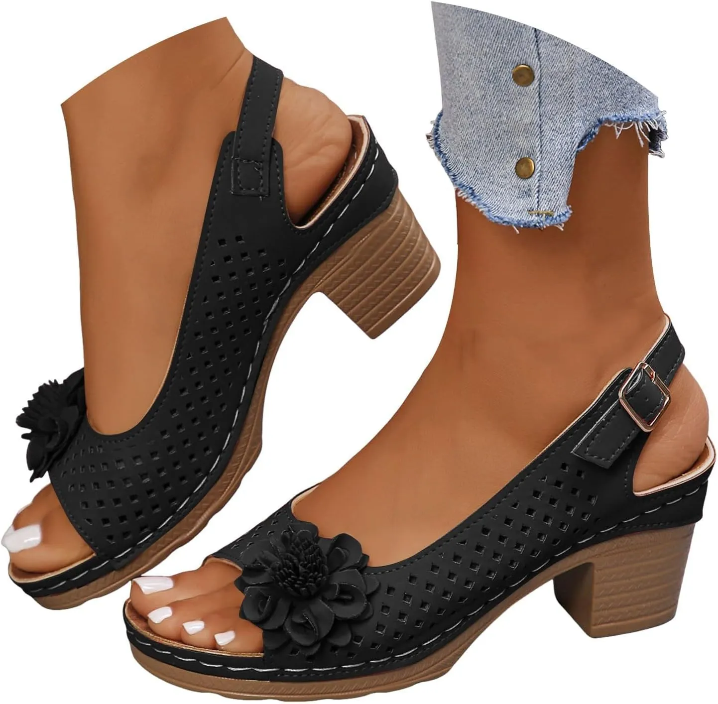 Block Heel Sandals for Women 2025,Womens Chunky High Heels Fish Mouth Flowers Summer Dressy Casual Ankle Strap Hollow Out Dress Platform Wedge Sandal Comfort Comfortable Shoes for Daily Wear