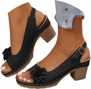 Block Heel Sandals for Women 2025,Womens Chunky High Heels Fish Mouth Flowers Summer Dressy Casual Ankle Strap Hollow Out Dress Platform Wedge Sandal Comfort Comfortable Shoes for Daily Wear