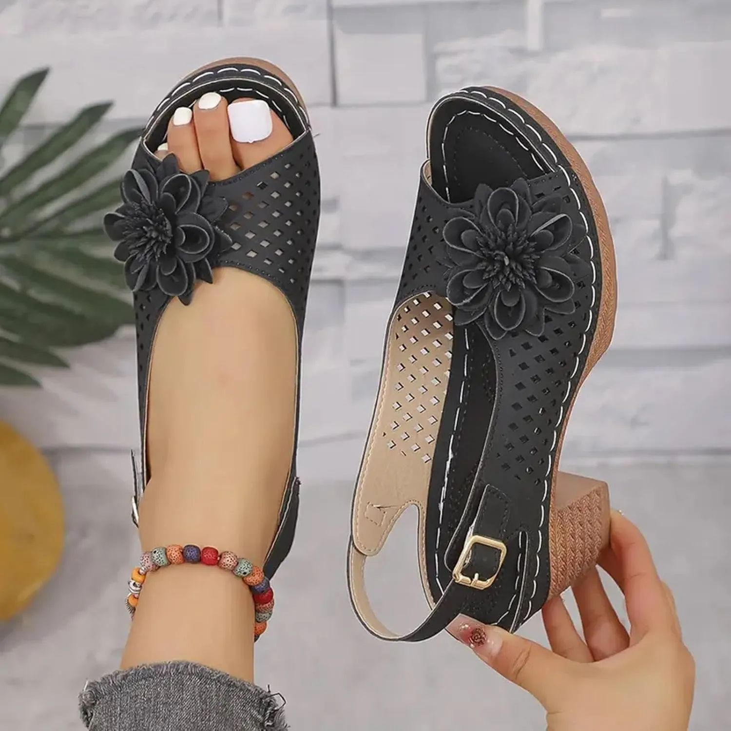 Block Heel Sandals for Women 2025,Womens Chunky High Heels Fish Mouth Flowers Summer Dressy Casual Ankle Strap Hollow Out Dress Platform Wedge Sandal Comfort Comfortable Shoes for Daily Wear