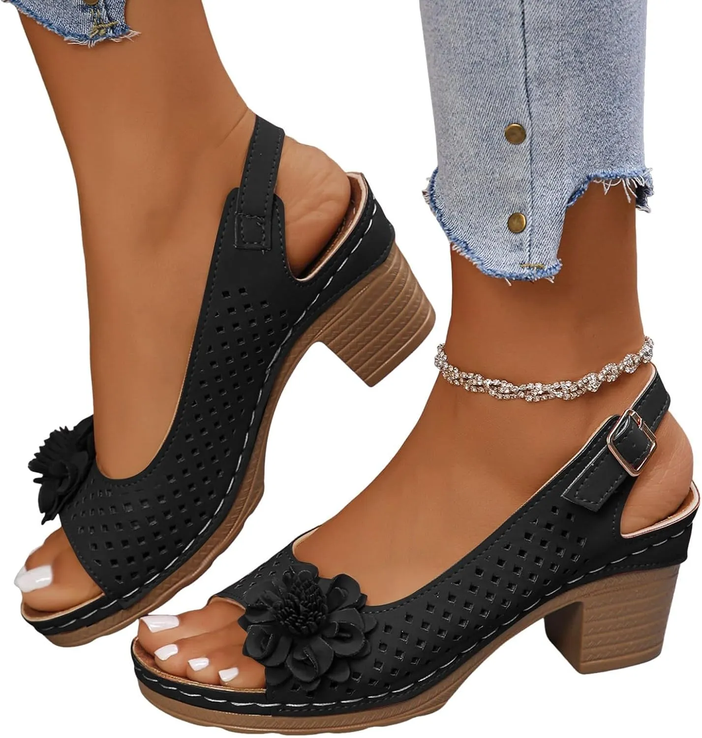 Block Heel Sandals for Women 2025,Womens Chunky High Heels Fish Mouth Flowers Summer Dressy Casual Ankle Strap Hollow Out Dress Platform Wedge Sandal Comfort Comfortable Shoes for Daily Wear