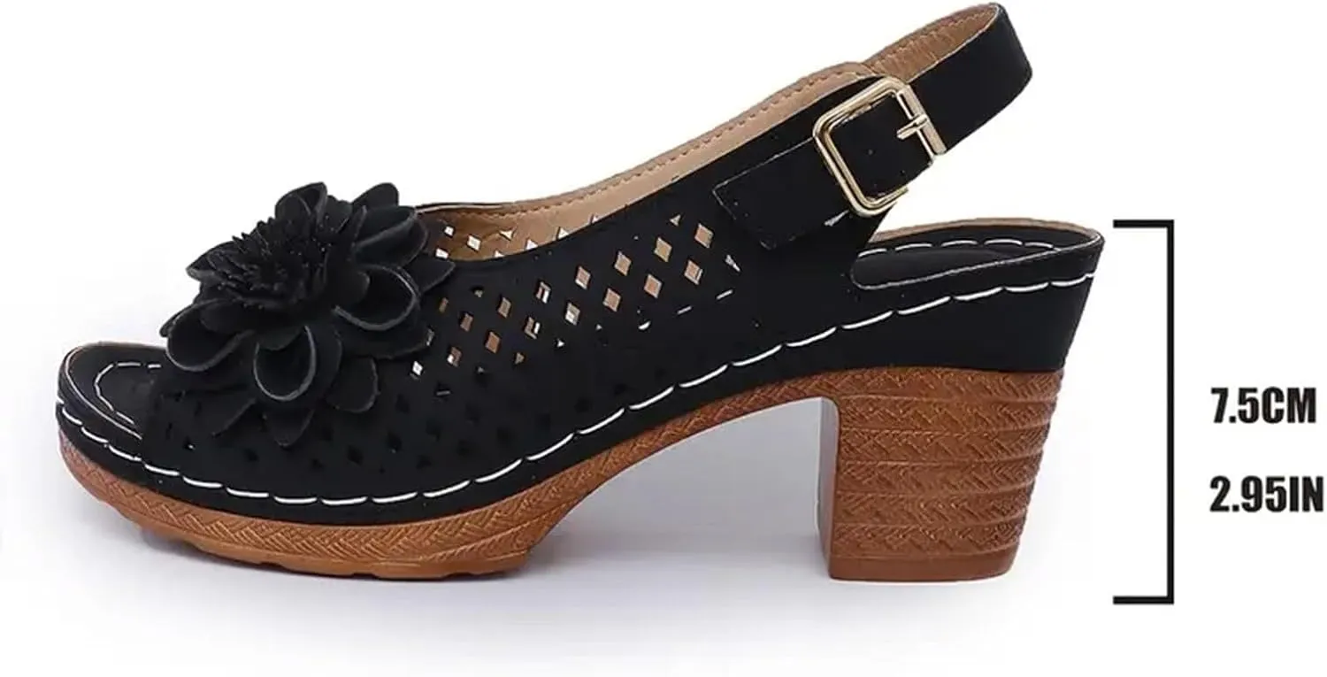 Block Heel Sandals for Women 2025,Womens Chunky High Heels Fish Mouth Flowers Summer Dressy Casual Ankle Strap Hollow Out Dress Platform Wedge Sandal Comfort Comfortable Shoes for Daily Wear
