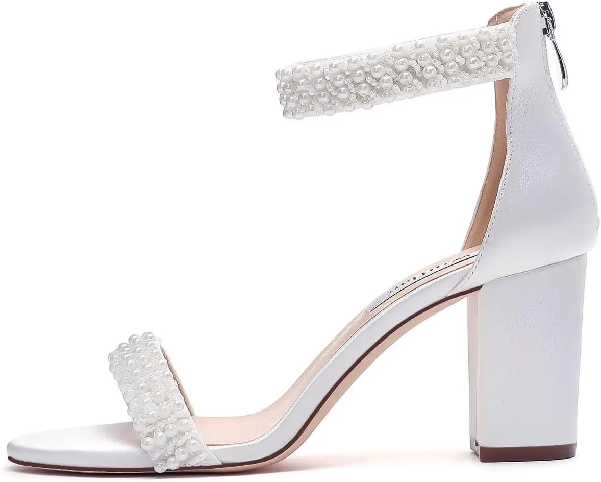 Block Heel Wedding Sandals Pearl Heels Open Toe Wedding Shoes for Bride Bridal Shoes