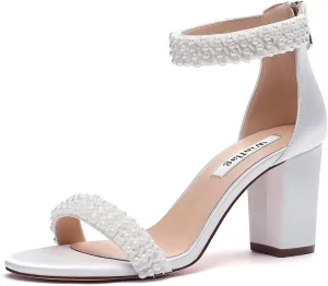 Block Heel Wedding Sandals Pearl Heels Open Toe Wedding Shoes for Bride Bridal Shoes