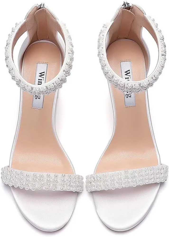 Block Heel Wedding Sandals Pearl Heels Open Toe Wedding Shoes for Bride Bridal Shoes