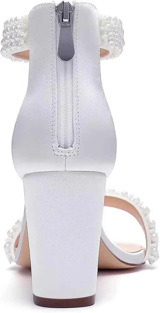 Block Heel Wedding Sandals Pearl Heels Open Toe Wedding Shoes for Bride Bridal Shoes