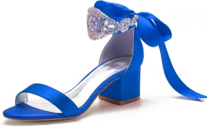 Block Heels Bride Wedding Pumps Bowknot Strap Bride Pumps Bridal Shoes Beaded Ankle Satin Sandals Open Toe Dress Evening Comfortable,Blue,11