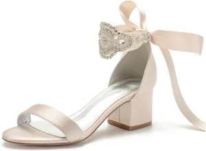 Block Heels Bride Wedding Pumps Bowknot Strap Bride Pumps Bridal Shoes Beaded Ankle Satin Sandals Open Toe Dress Evening Comfortable,Champagne,10