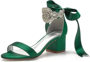 Block Heels Bride Wedding Pumps Bowknot Strap Bride Pumps Bridal Shoes Beaded Ankle Satin Sandals Open Toe Dress Evening Comfortable,Dark green,10