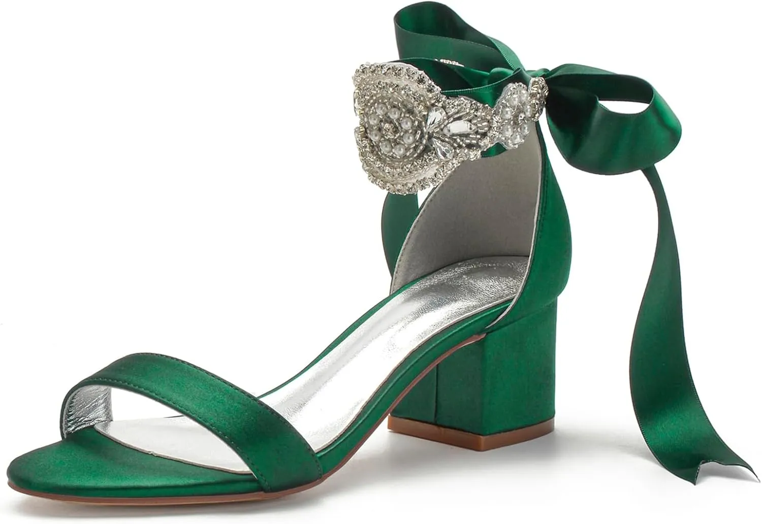 Block Heels Bride Wedding Pumps Bowknot Strap Bride Pumps Bridal Shoes Beaded Ankle Satin Sandals Open Toe Dress Evening Comfortable,Dark green,10