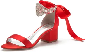 Block Heels Bride Wedding Pumps Bowknot Strap Bride Pumps Bridal Shoes Beaded Ankle Satin Sandals Open Toe Dress Evening Comfortable,Red,6