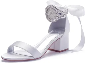 Block Heels Bride Wedding Pumps Bowknot Strap Bride Pumps Bridal Shoes Beaded Ankle Satin Sandals Open Toe Dress Evening Comfortable,White,8.5