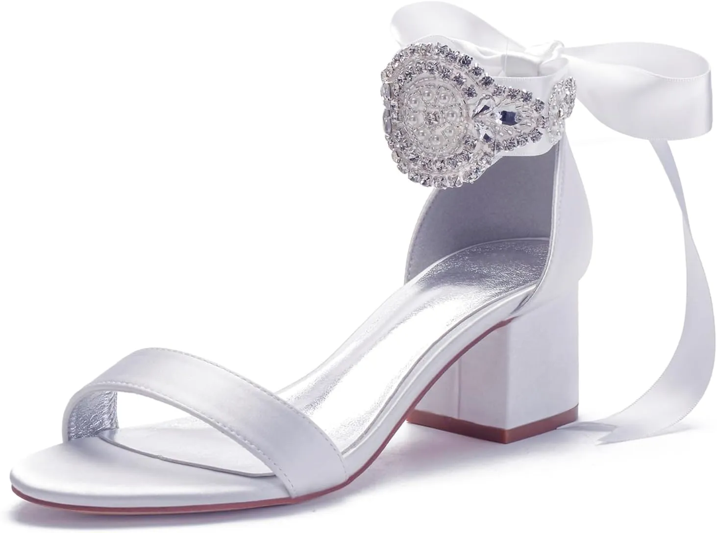 Block Heels Bride Wedding Pumps Bowknot Strap Bride Pumps Bridal Shoes Beaded Ankle Satin Sandals Open Toe Dress Evening Comfortable,White,8.5